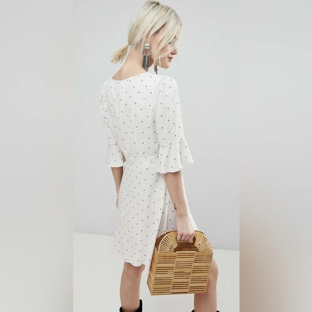 Free People All Yours Polka Dot Cream Combo Flutter Sleeve Deep V Mini Dress 12